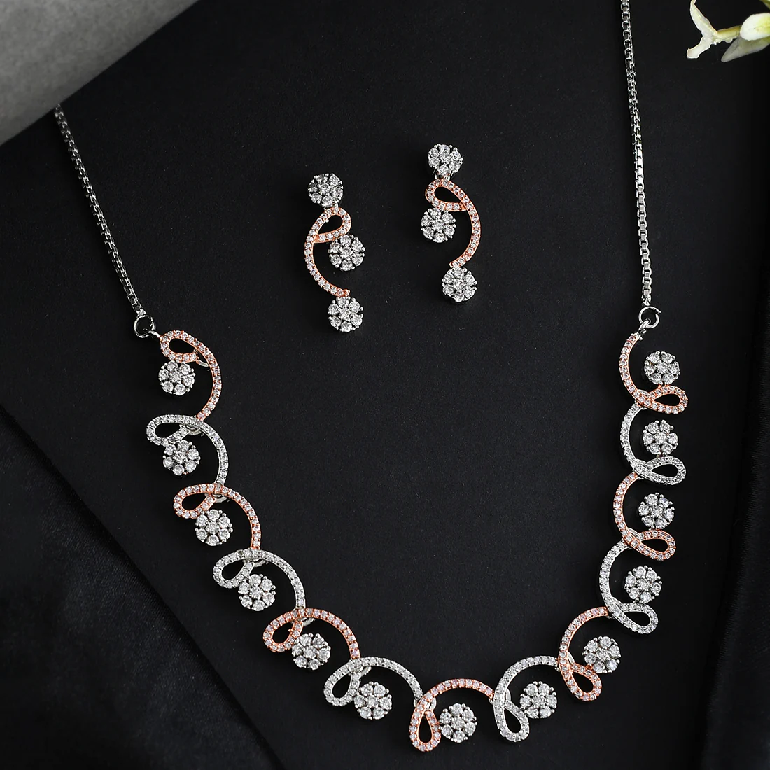Cz Elegance Dual Tone Curve Design Necklace Set