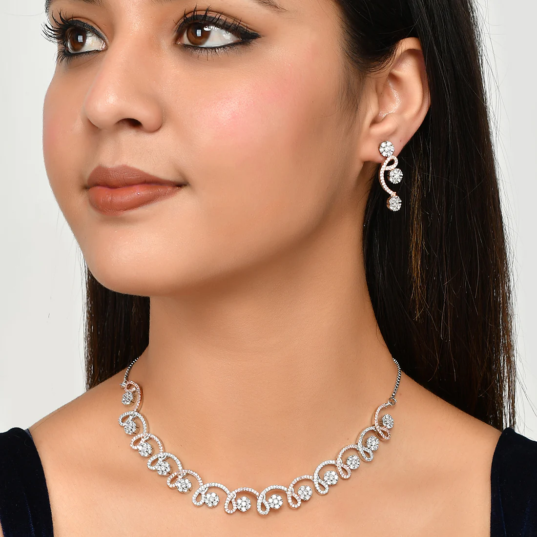 Cz Elegance Dual Tone Curve Design Necklace Set - Image 2