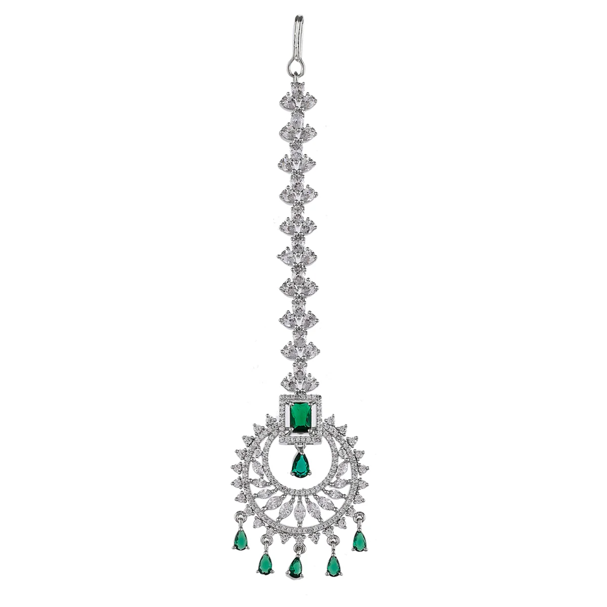 CZ Elegance Green and White Gems Maang Tika - Image 3
