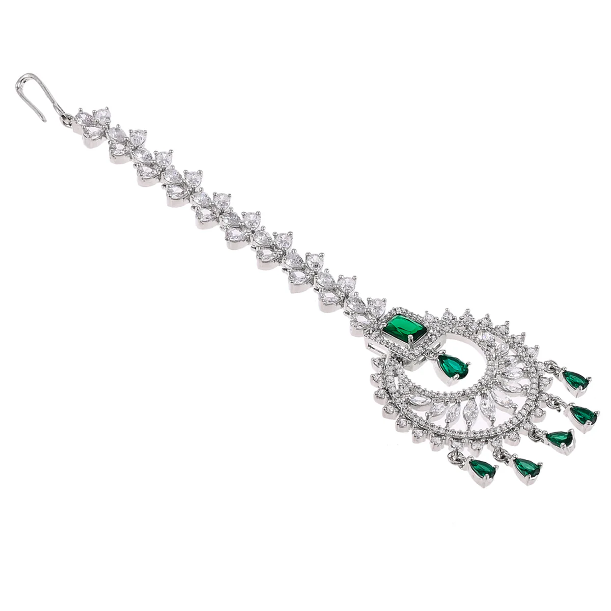 CZ Elegance Green and White Gems Maang Tika - Image 4