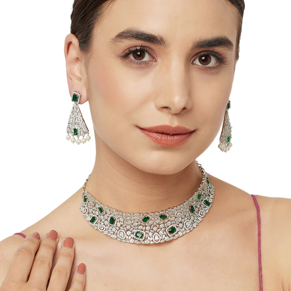 CZ Elegance Green and White Gems Necklace Set - Image 2