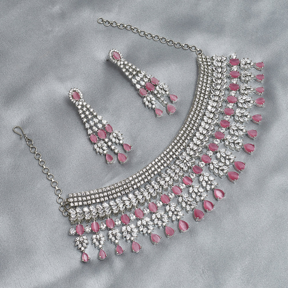 CZ Elegance Heavily Embellished Brass Necklace Set - Image 2