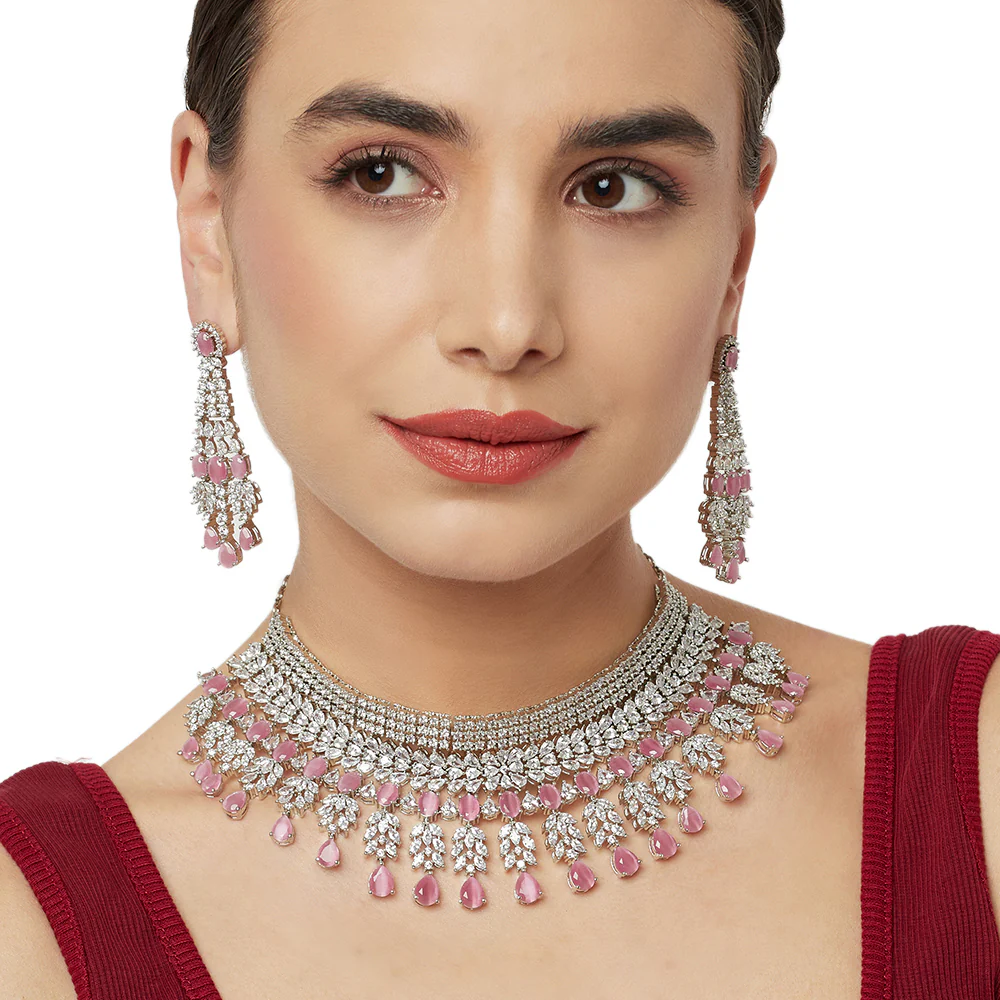 CZ Elegance Heavily Embellished Brass Necklace Set - Image 3