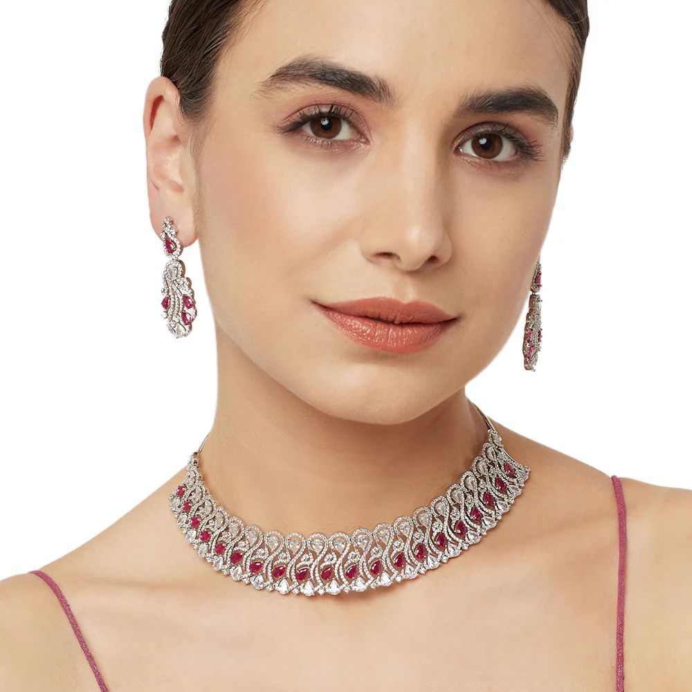 CZ Elegance Heavily Embellished Choker Necklace Set - Image 2