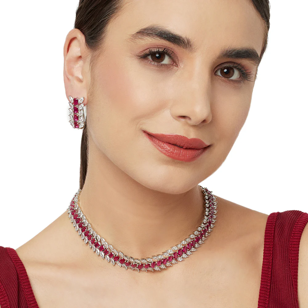 CZ Elegance Pink and White CZ Gems Necklace Set - Image 2