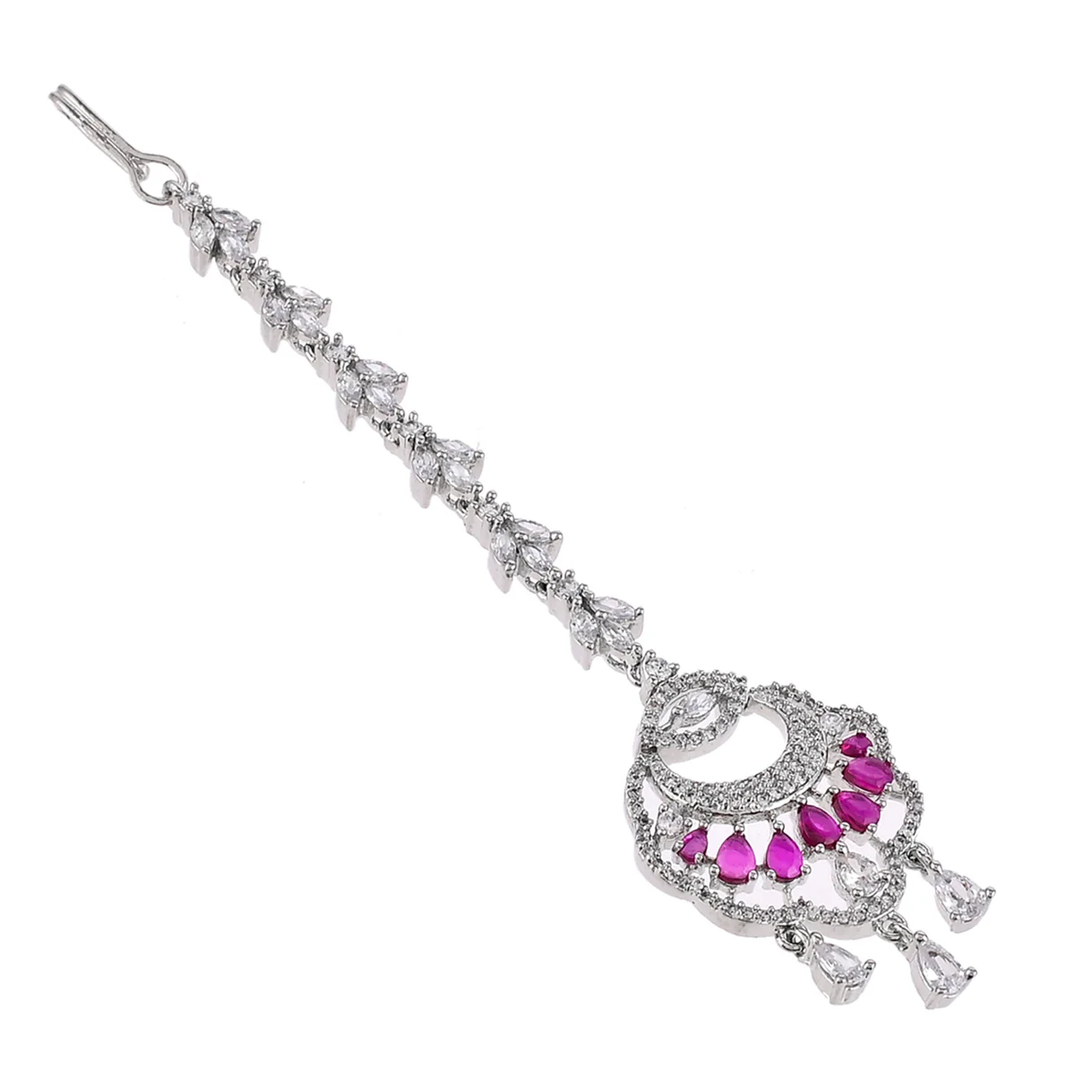 CZ Elegance Pink Teardrop Zircons Maang Tika - Image 4