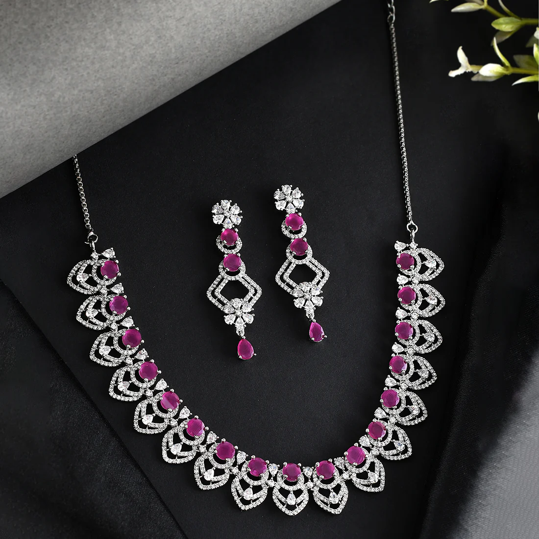 Cz Elegance Purple Stone Silver Necklace Set