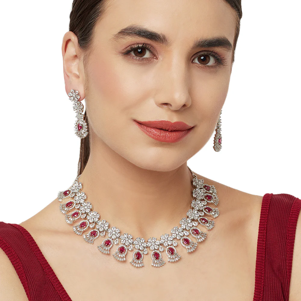 CZ Elegance Red and White Gems Necklace Set - Image 3