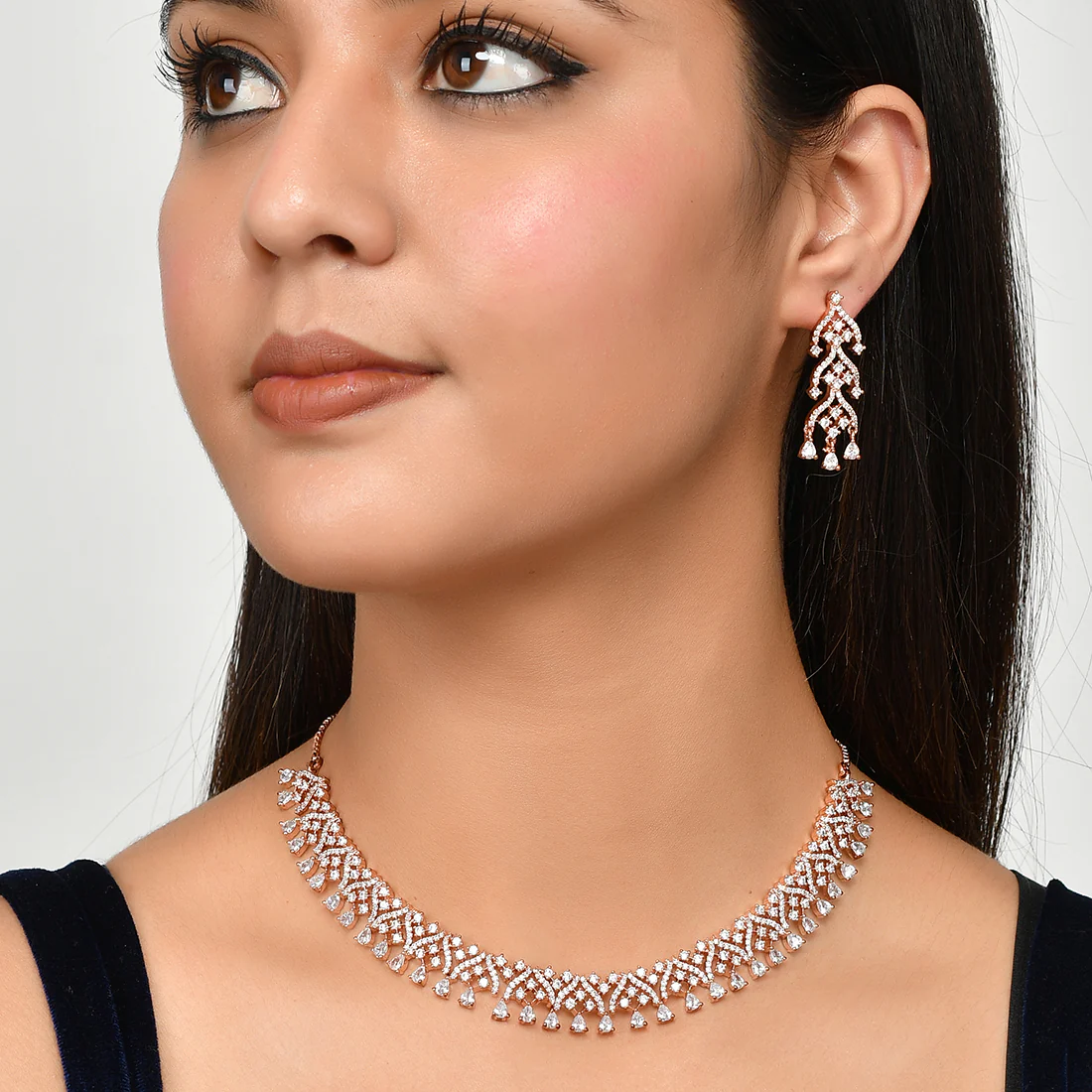 Cz Elegance Rose Plated Brass Made Traditional Necklace Set - Image 2