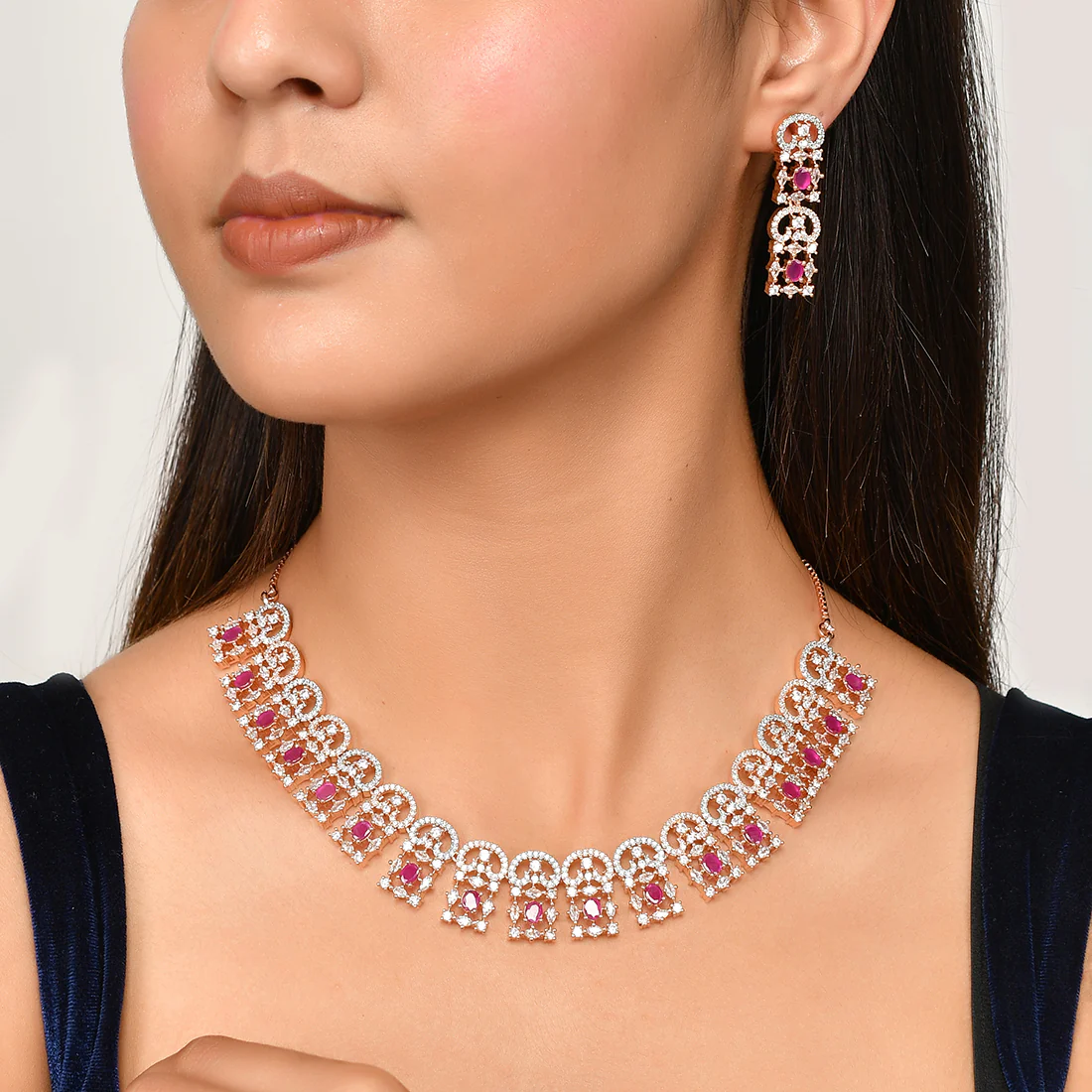 Cz Elegance Rose Plated Ruby Red Necklace Set - Image 2