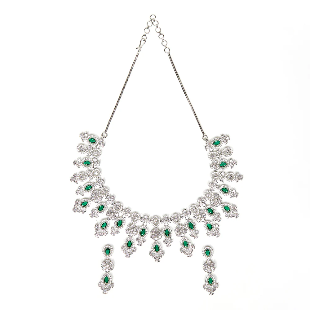 CZ Elegance Silver Necklace Set Adorned with Green Stones - Image 3