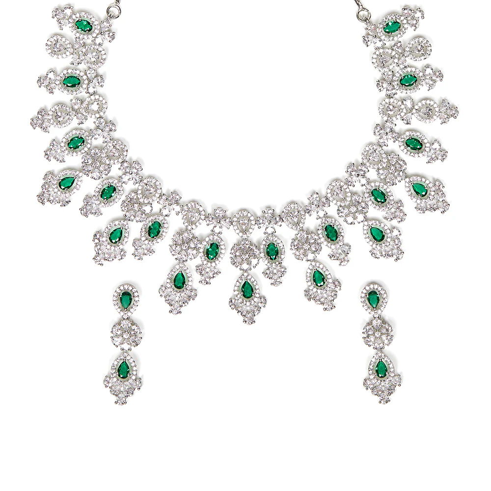 CZ Elegance Silver Necklace Set Adorned with Green Stones - Image 4