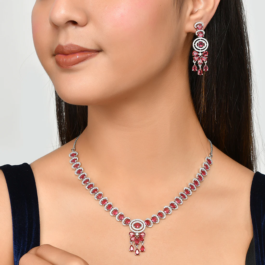 Cz Elegance Silver Plated Red Stone Necklace Set - Image 2