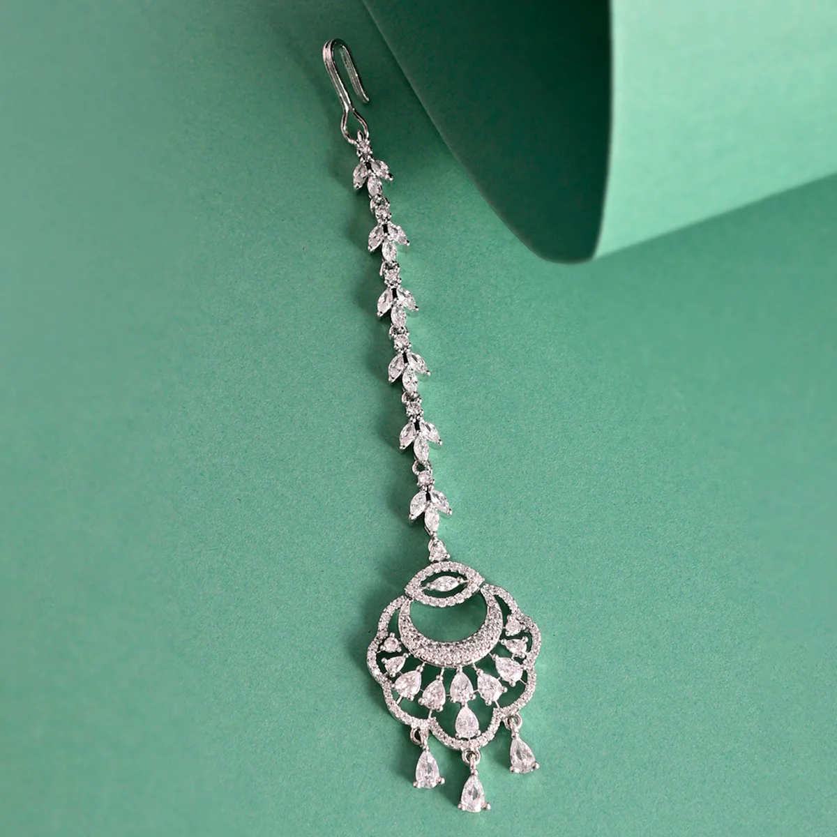 CZ Elegance Silver Plated Zirconia Gems Maang Tika