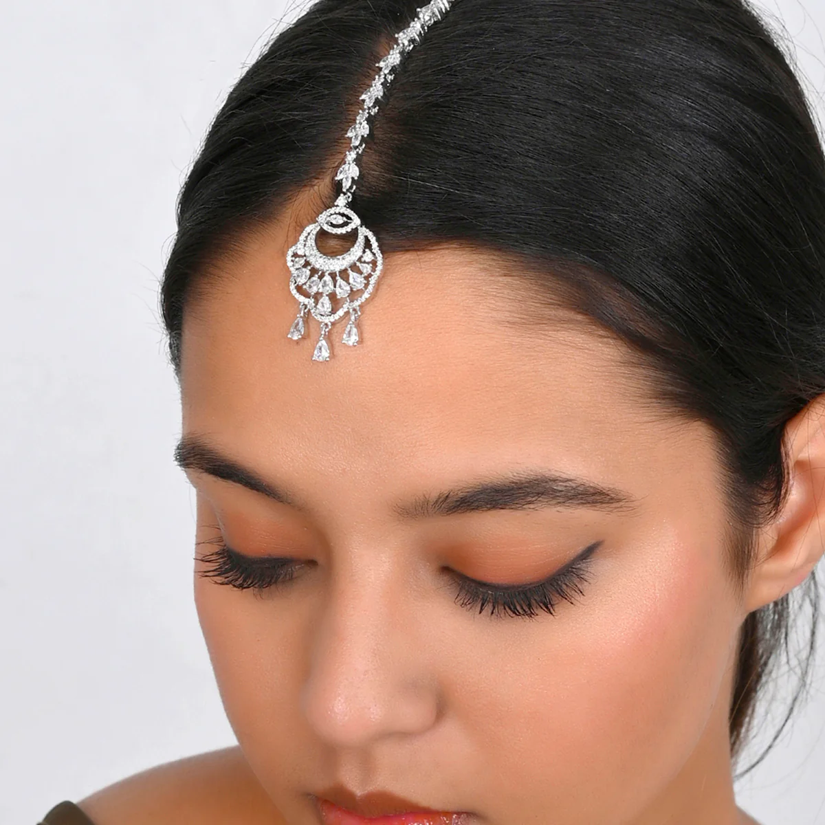 CZ Elegance Silver Plated Zirconia Gems Maang Tika - Image 2
