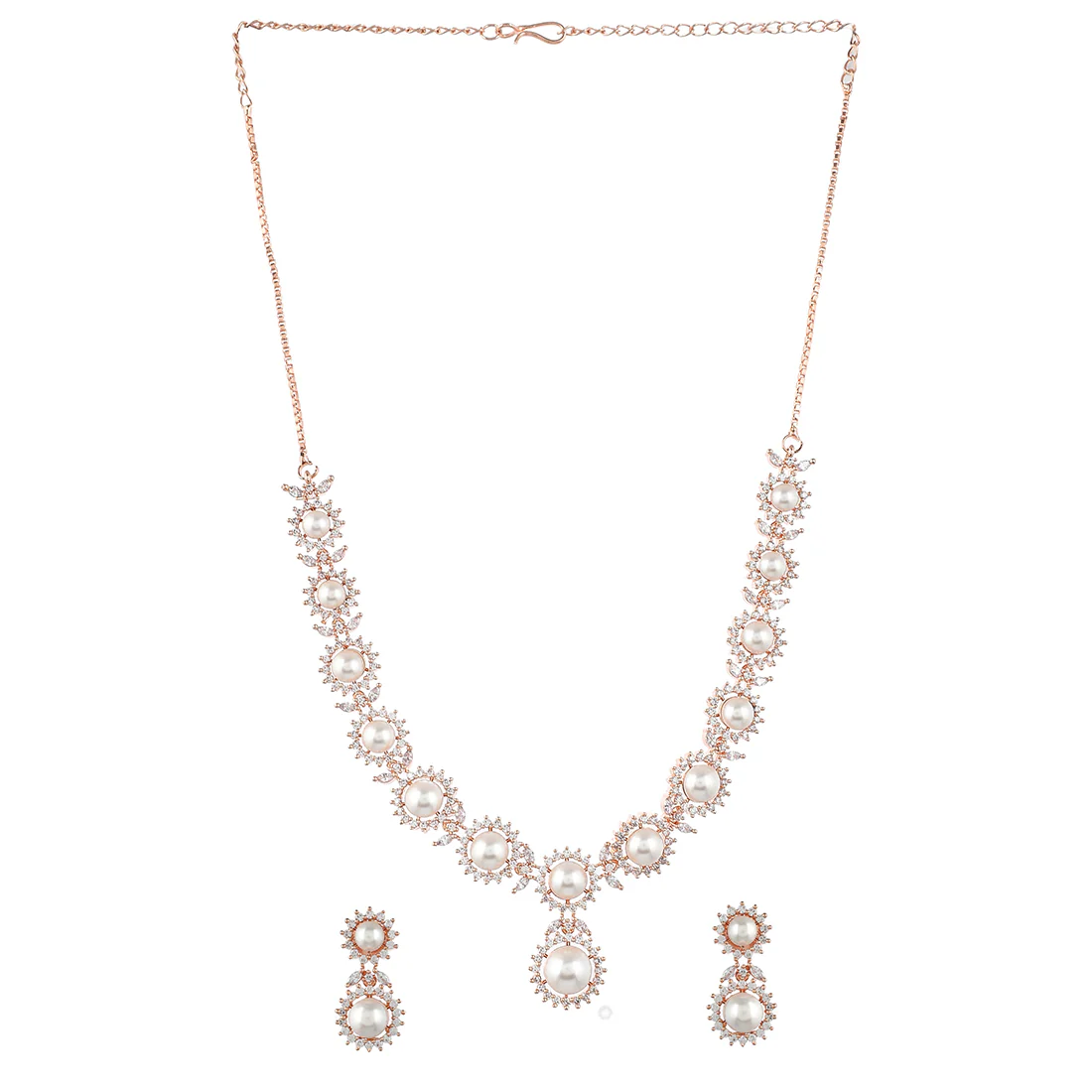 Cz Elegance Women Rose White Pearl Necklace Set - Image 3