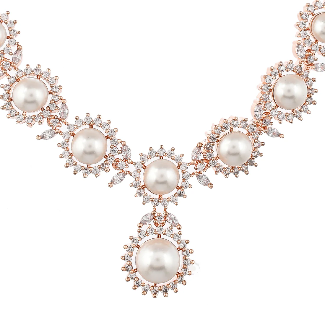 Cz Elegance Women Rose White Pearl Necklace Set - Image 4