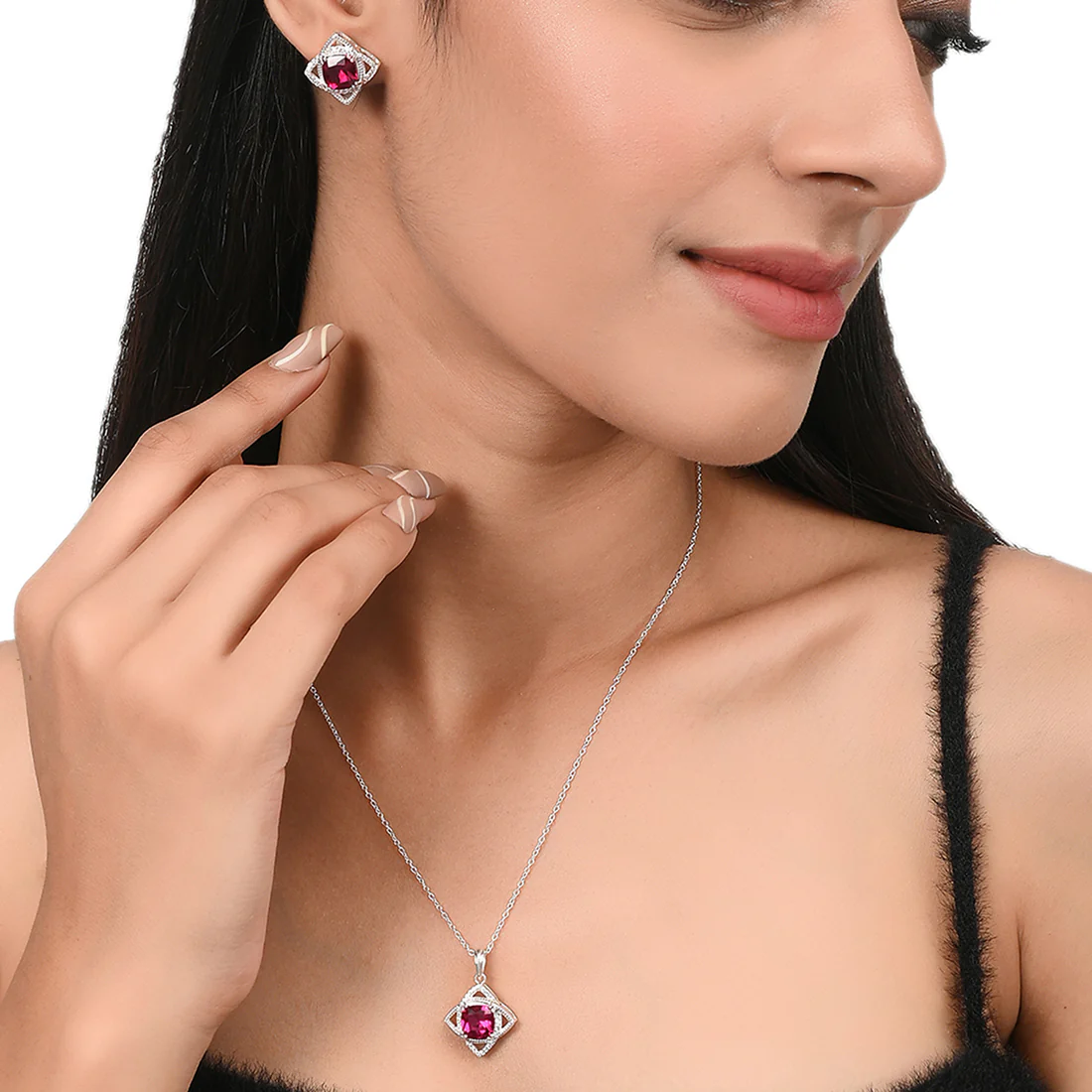 CZ Embellished And Red Stone Studded Sterling Silver Pendant Set - Image 2