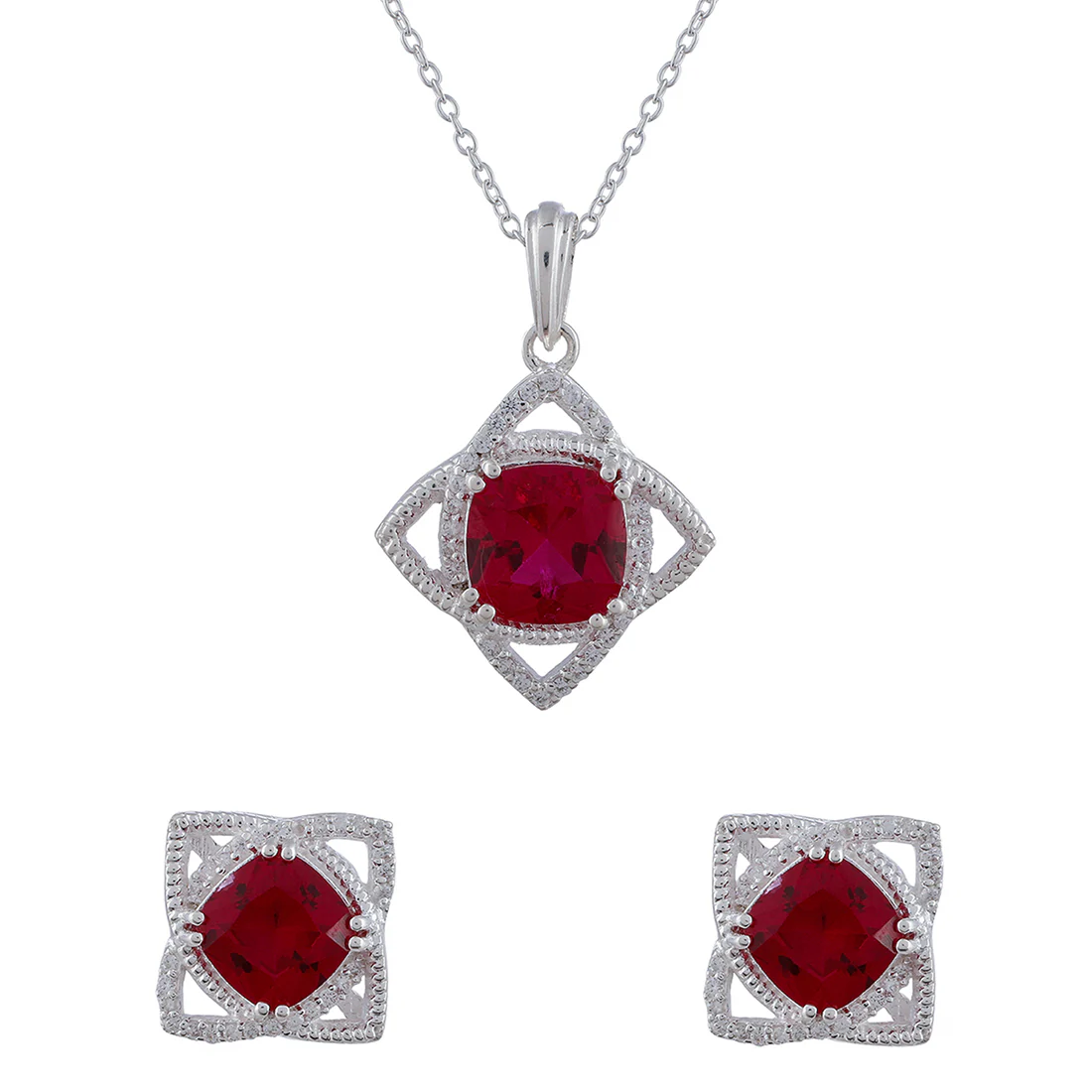 CZ Embellished And Red Stone Studded Sterling Silver Pendant Set - Image 3