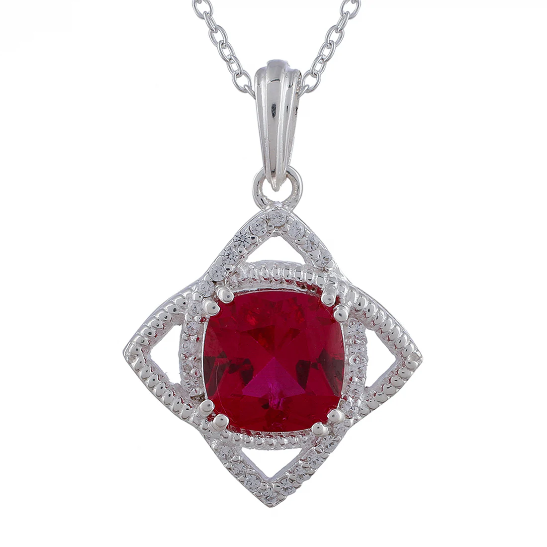 CZ Embellished And Red Stone Studded Sterling Silver Pendant Set - Image 5