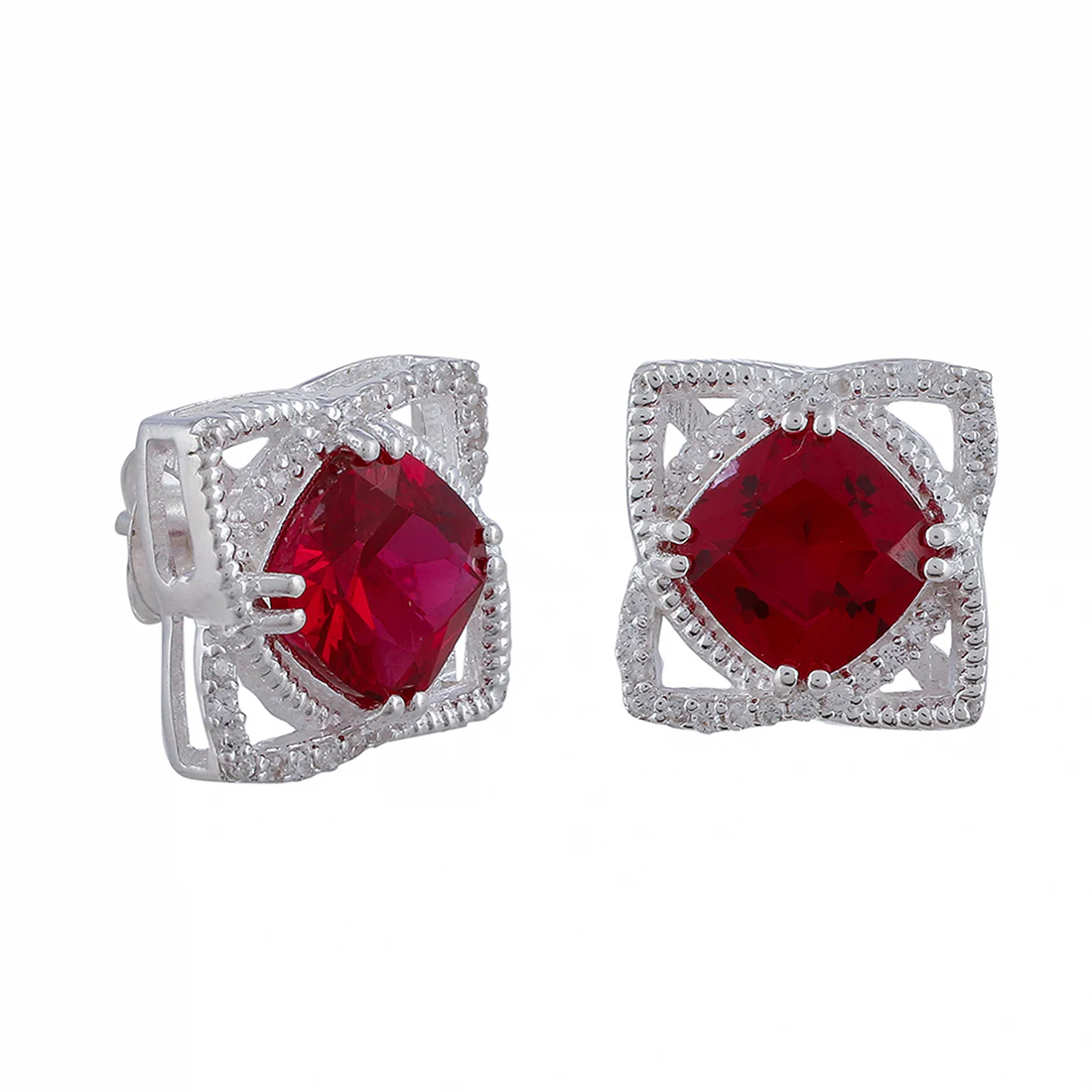 CZ Embellished And Red Stone Studded Sterling Silver Pendant Set - Image 9