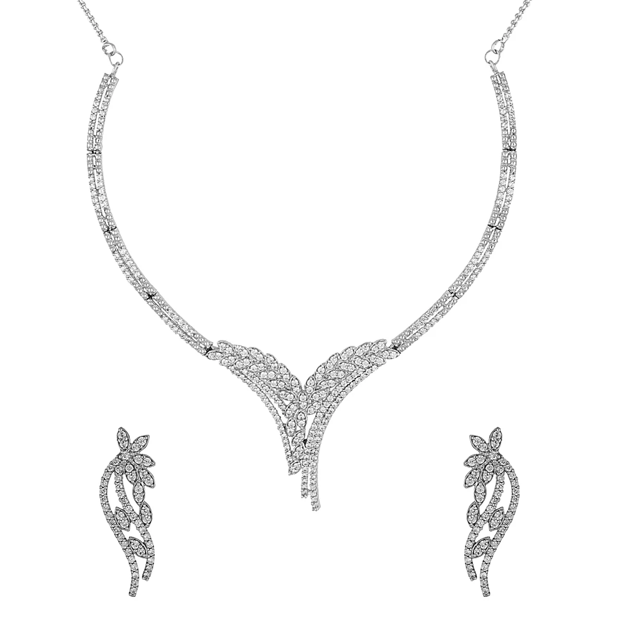 CZ Embellished Leafy Design Pendant Set With Chain