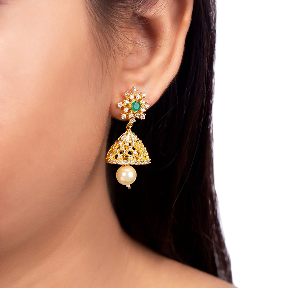 CZ Gems Adorned Jhumka Earrings - Image 2