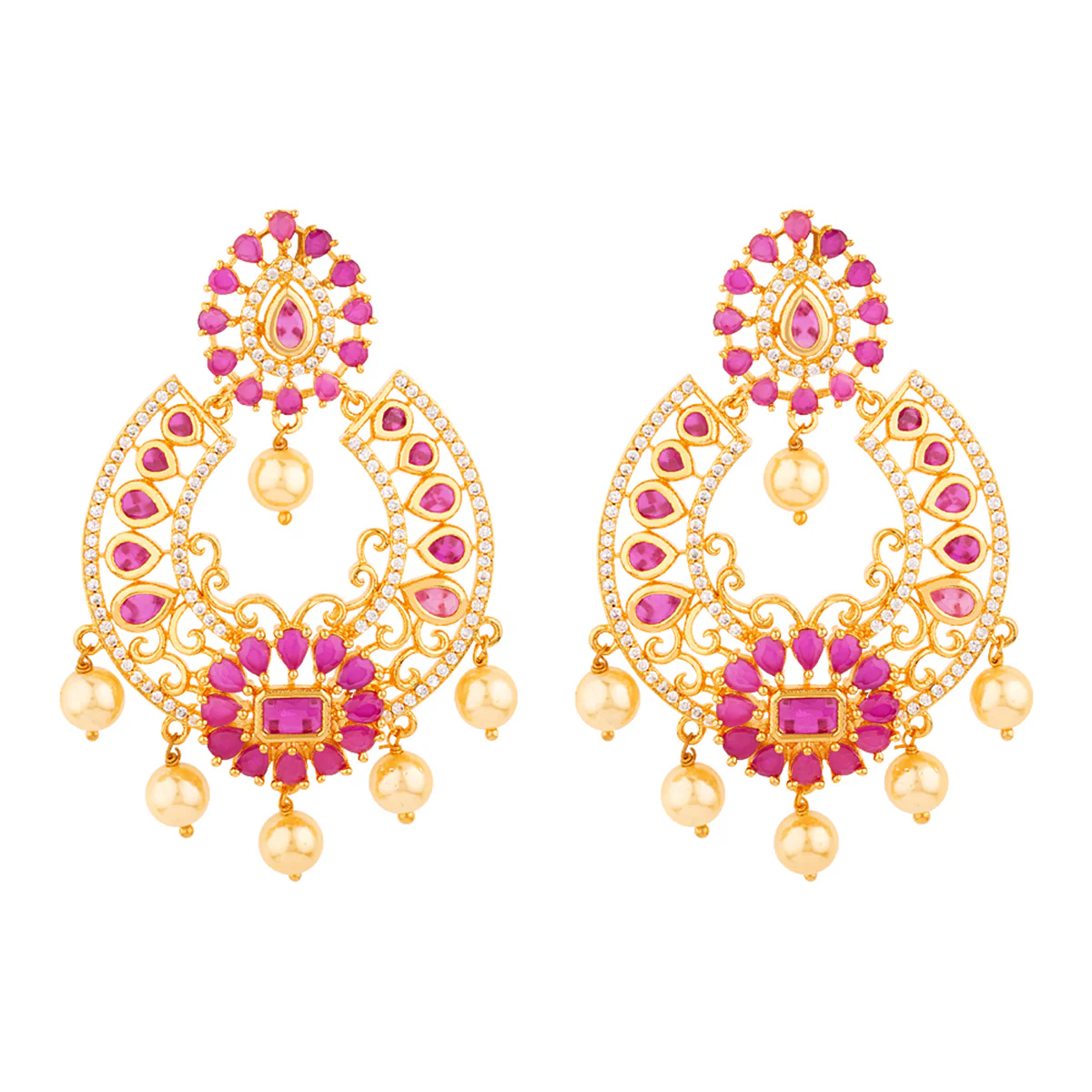 CZ Gems and Faux Pearls Chandbali Earrings - Image 3
