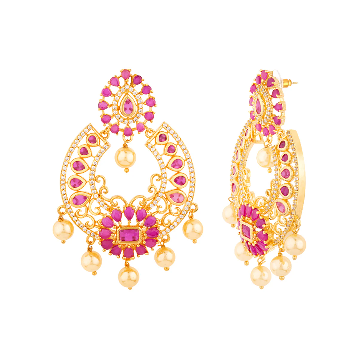 CZ Gems and Faux Pearls Chandbali Earrings - Image 4