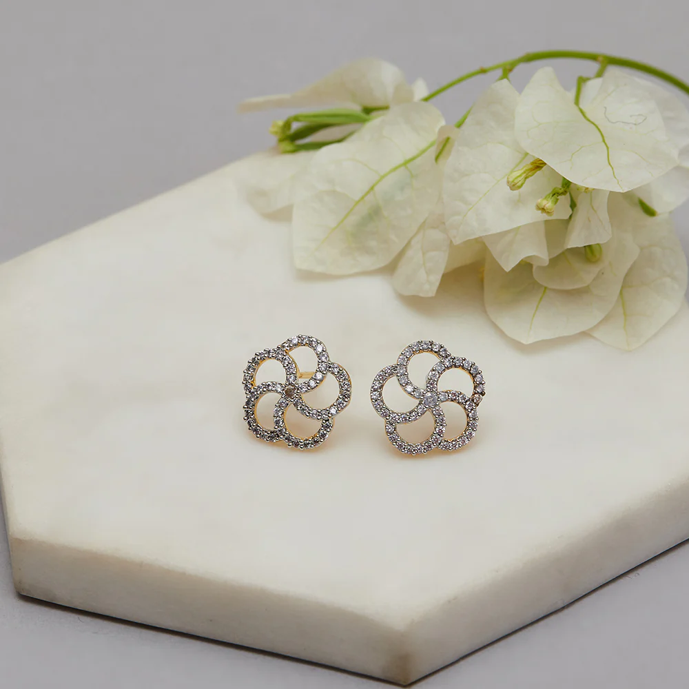 Shimmering Floret American Diamond CZ Gold Plated Flower Stud Earrings
