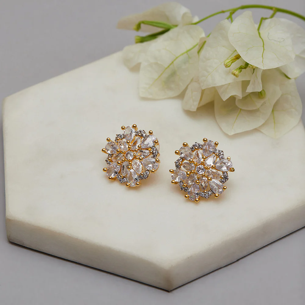 Shimmering Floret American Diamond CZ Gold Plated Brass Silver Stud Earrings