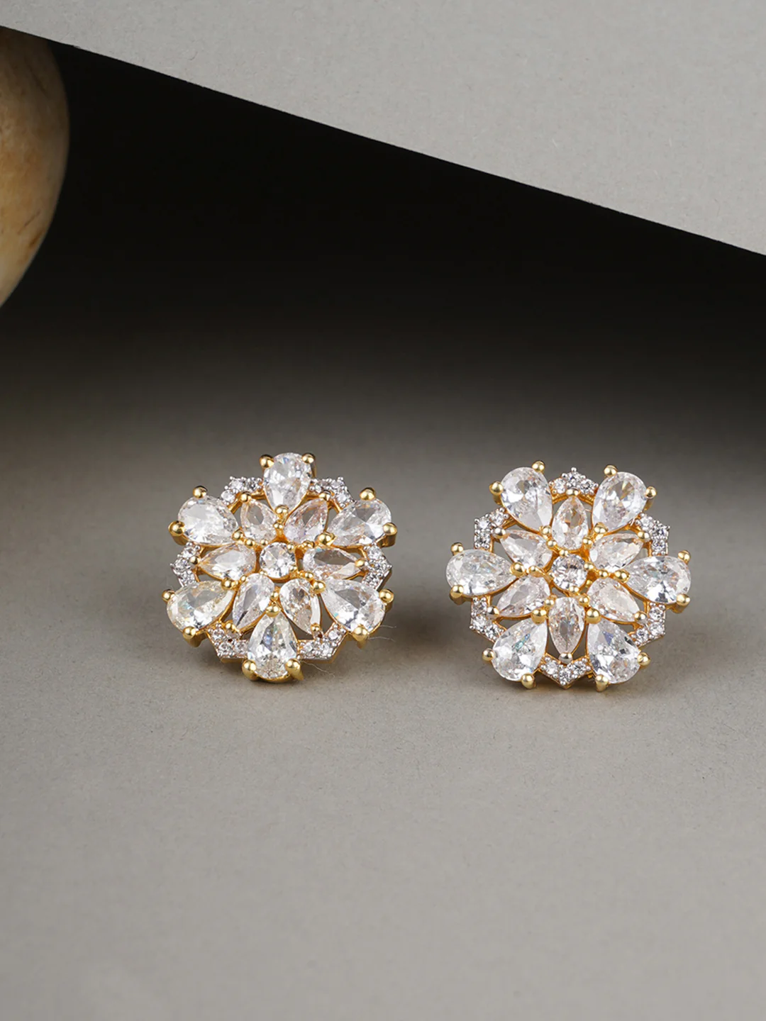 Shimmering Floret American Diamond CZ Gold Plated Brass Silver Stud Earrings - Image 5