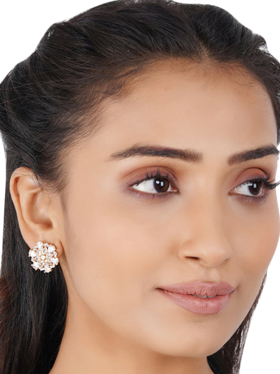 Shimmering Floret American Diamond CZ Gold Plated Brass Silver Stud Earrings - Image 6