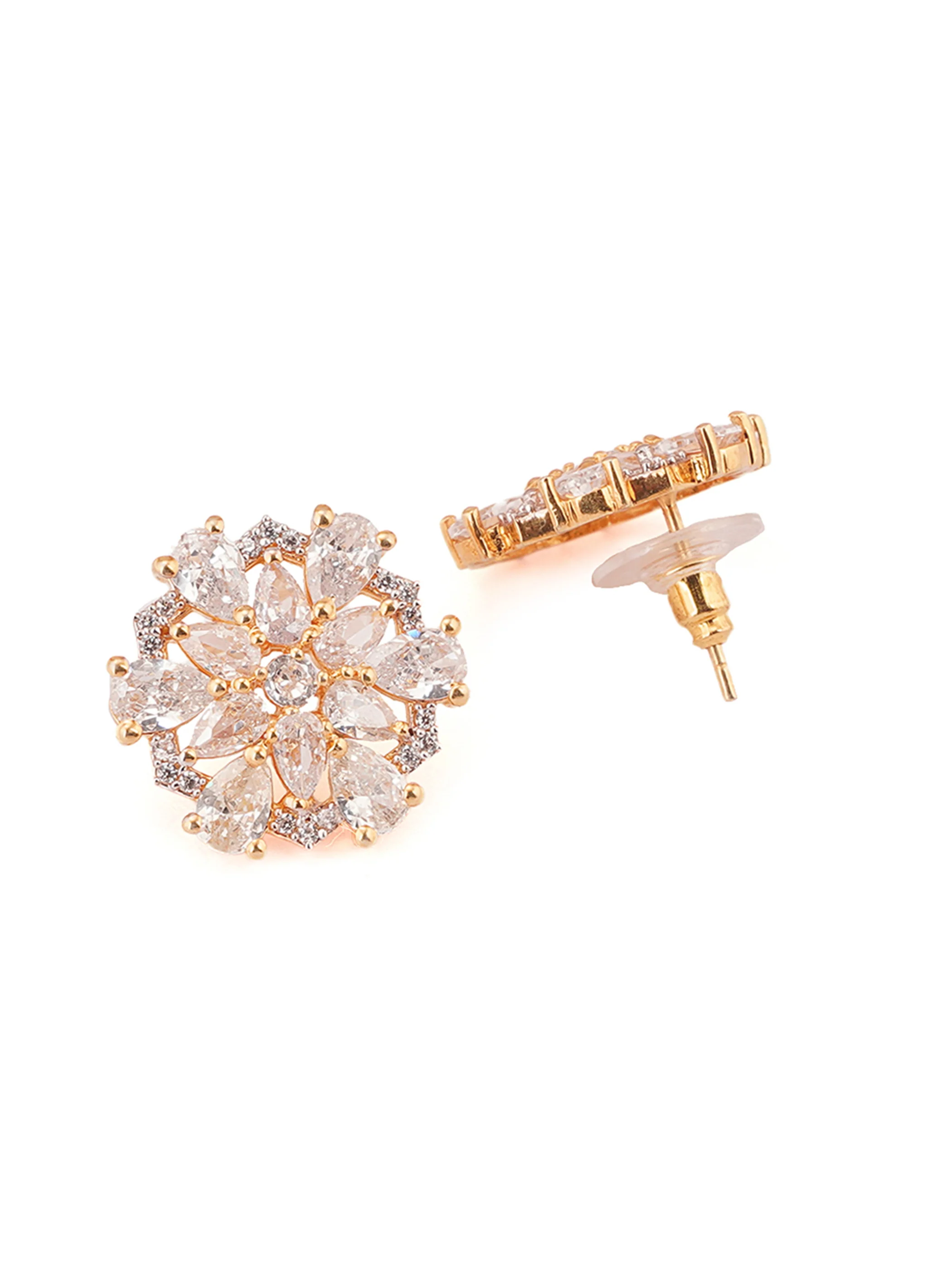 Shimmering Floret American Diamond CZ Gold Plated Brass Silver Stud Earrings - Image 8