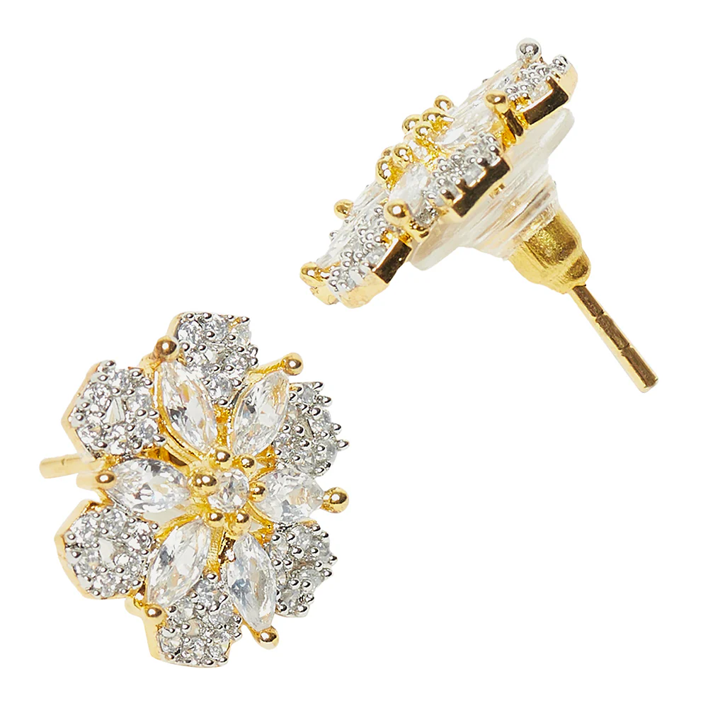 Shimmering Floret American Diamond CZ Gold Plated Brass Silver Stud Earrings - Image 3