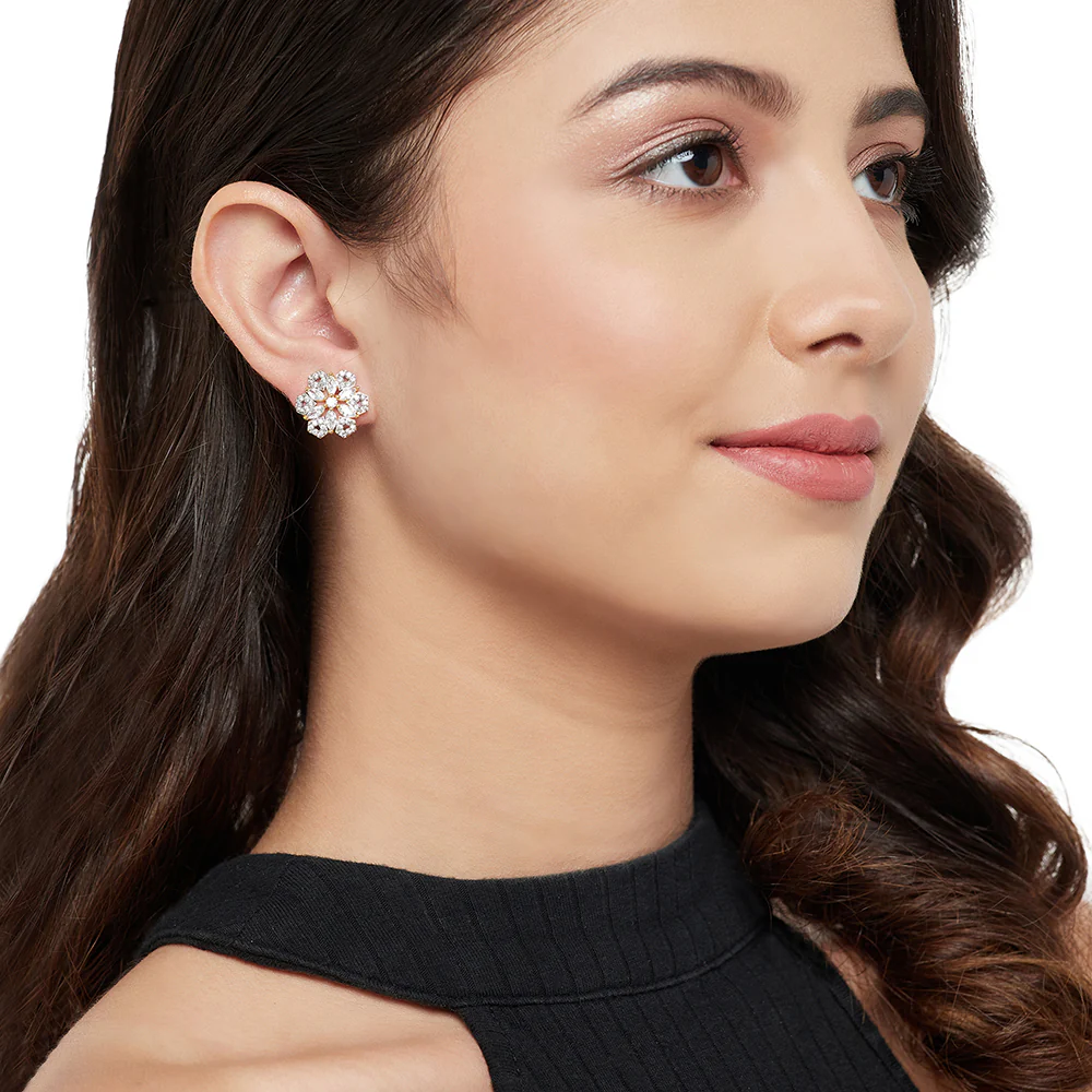 Shimmering Floret American Diamond CZ Gold Plated Brass Silver Stud Earrings - Image 4