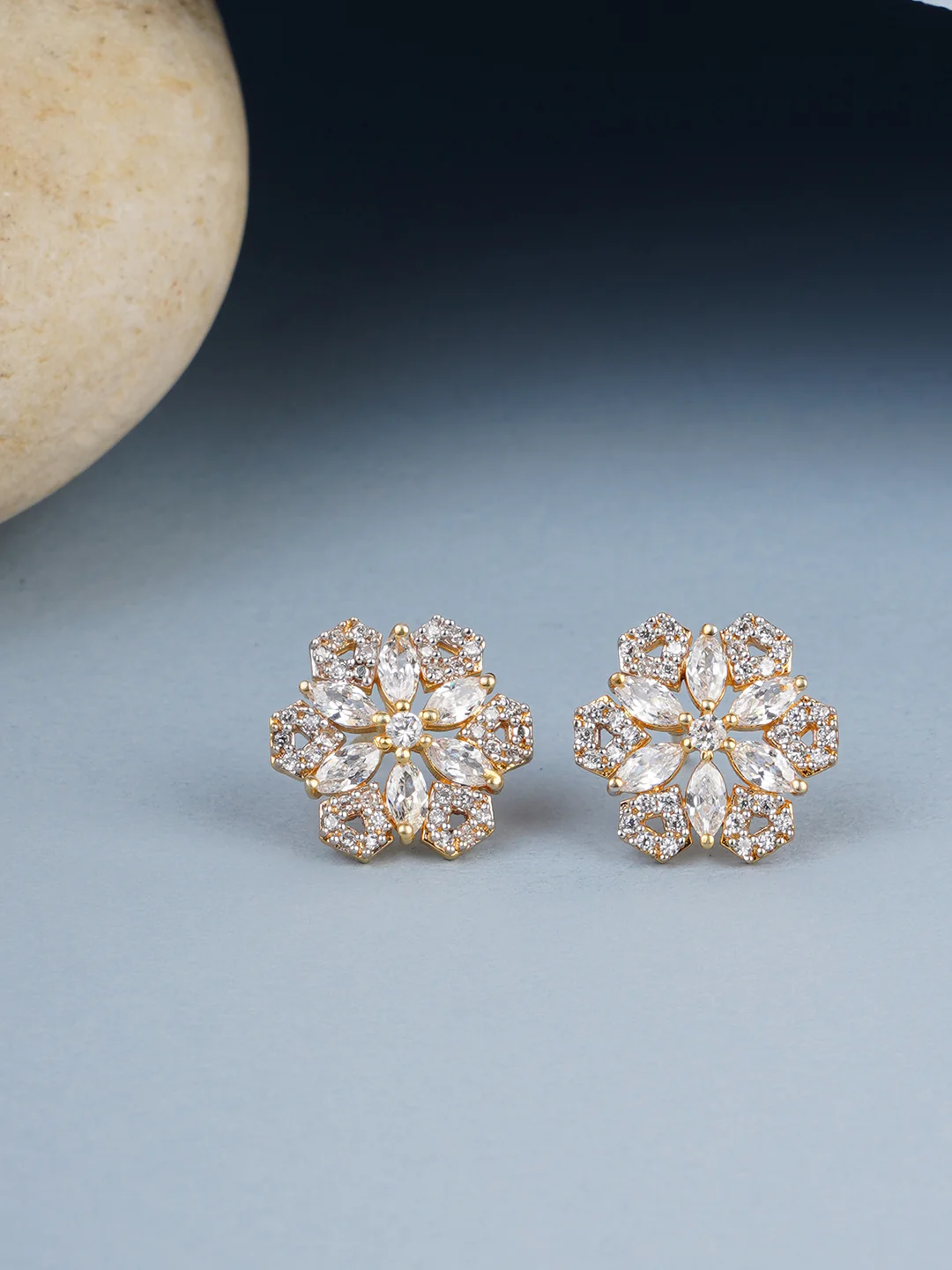 Shimmering Floret American Diamond CZ Gold Plated Brass Silver Stud Earrings - Image 5