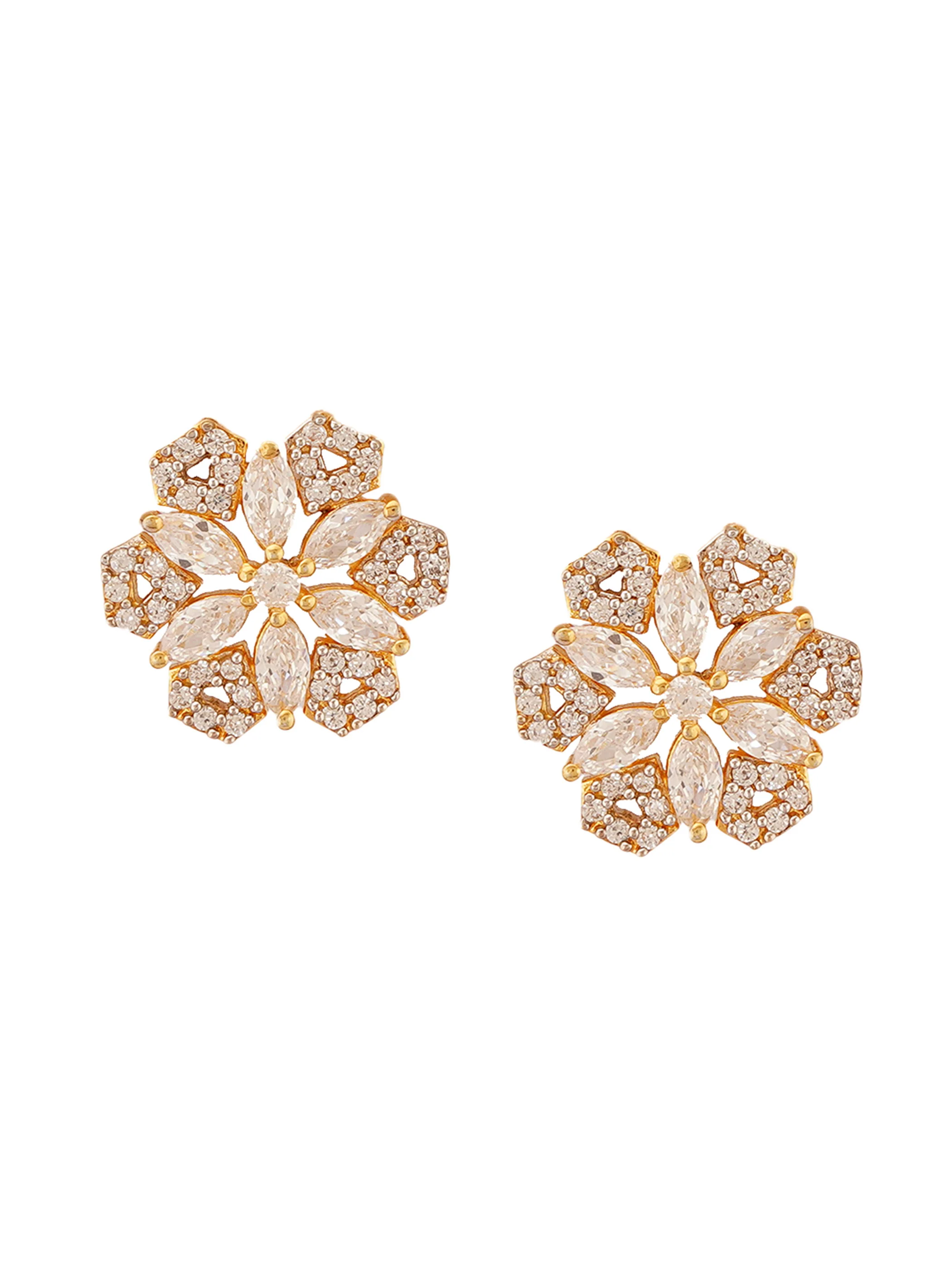 Shimmering Floret American Diamond CZ Gold Plated Brass Silver Stud Earrings - Image 7