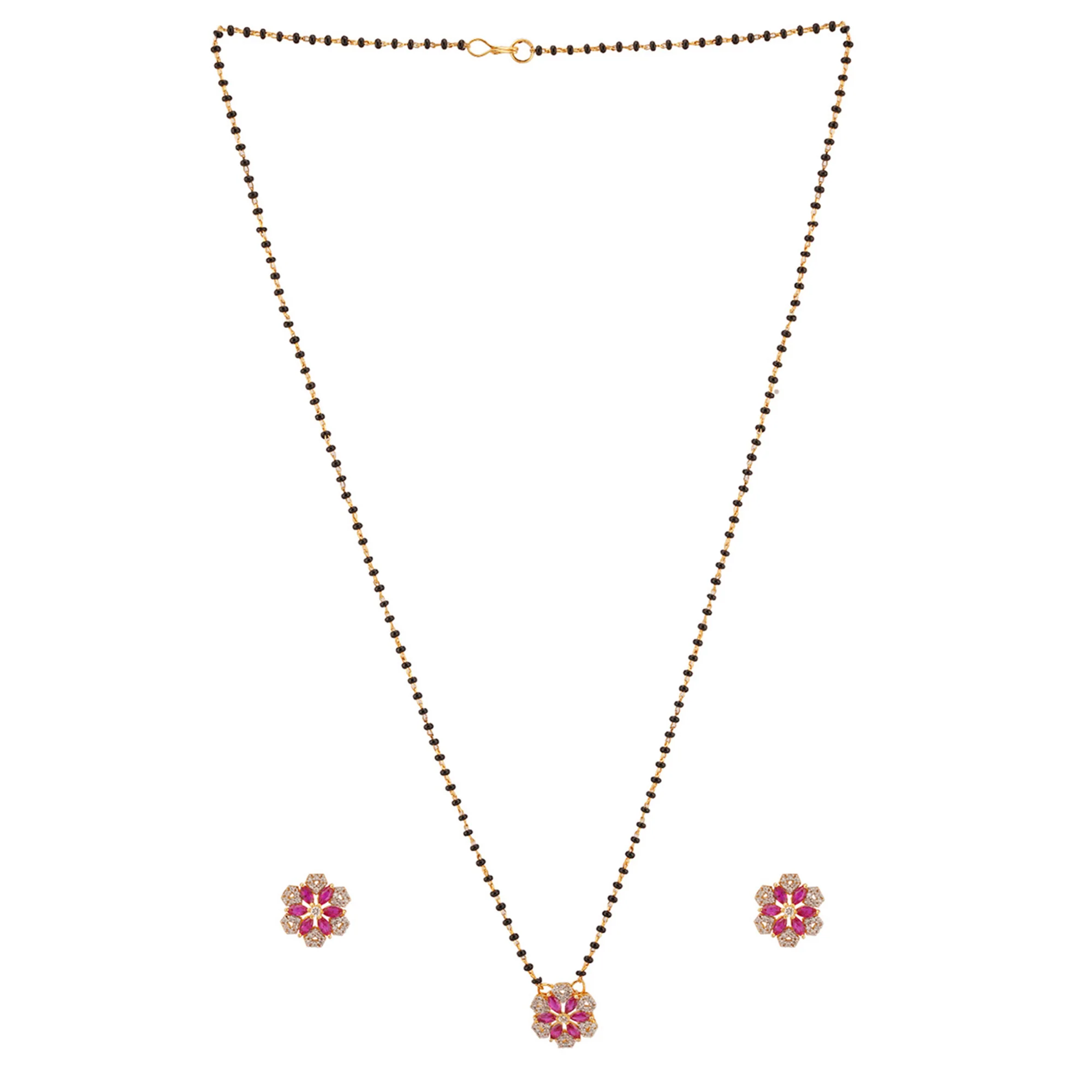 Shimmering Floret American Diamond CZ Gold Plated Brass Black Beaded Mangalsutra with Earrings - Image 3