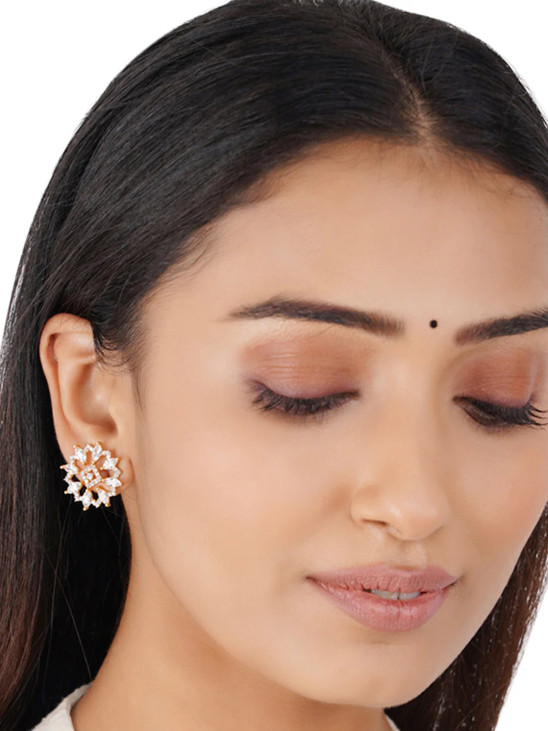 Shimmering Floret American Diamond CZ Gold Plated Brass Stud Earrings - Image 2
