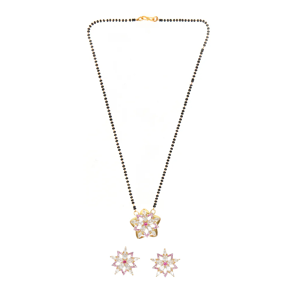Shimmering Floret American Diamond CZ Elegant Gold Plated Brass Black Beaded Mangalsutra with Earrings - Image 2