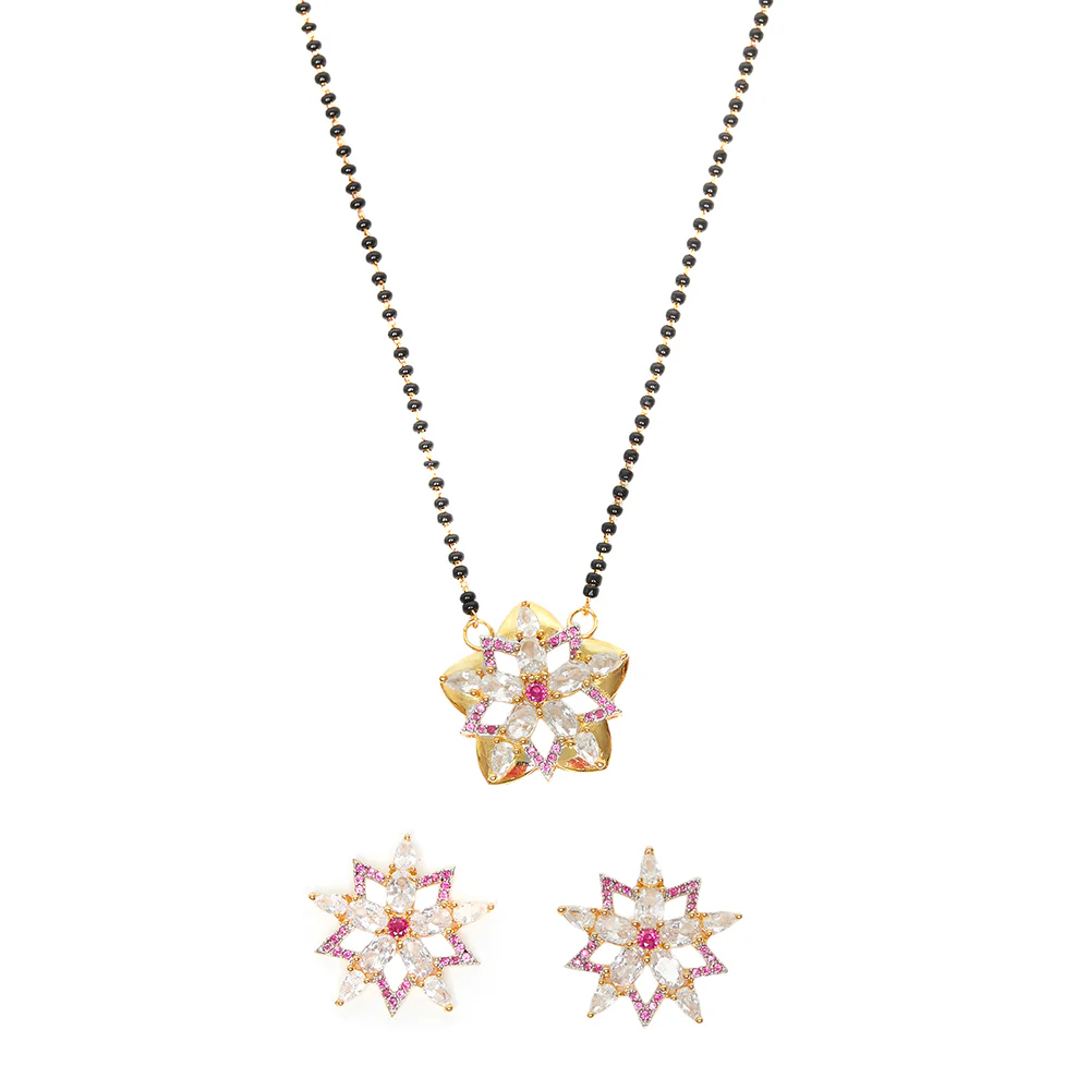 Shimmering Floret American Diamond CZ Elegant Gold Plated Brass Black Beaded Mangalsutra with Earrings - Image 3