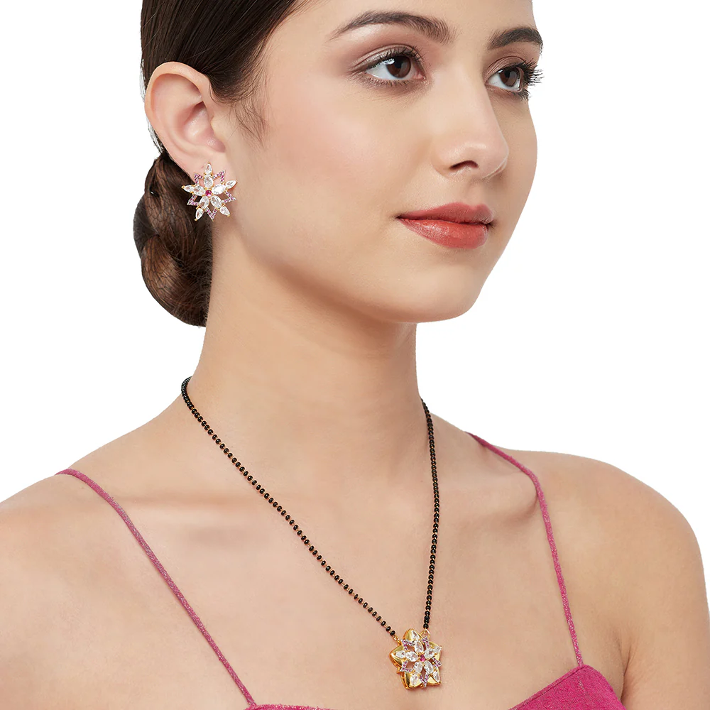Shimmering Floret American Diamond CZ Elegant Gold Plated Brass Black Beaded Mangalsutra with Earrings - Image 5