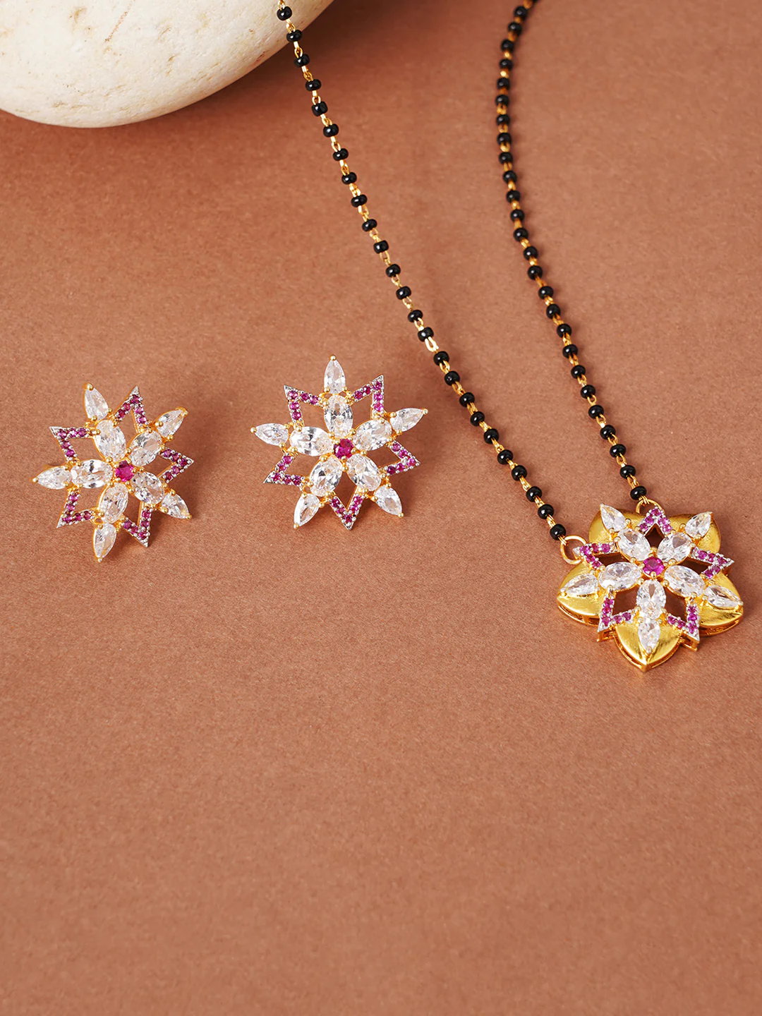 Shimmering Floret American Diamond CZ Elegant Gold Plated Brass Black Beaded Mangalsutra with Earrings - Image 6