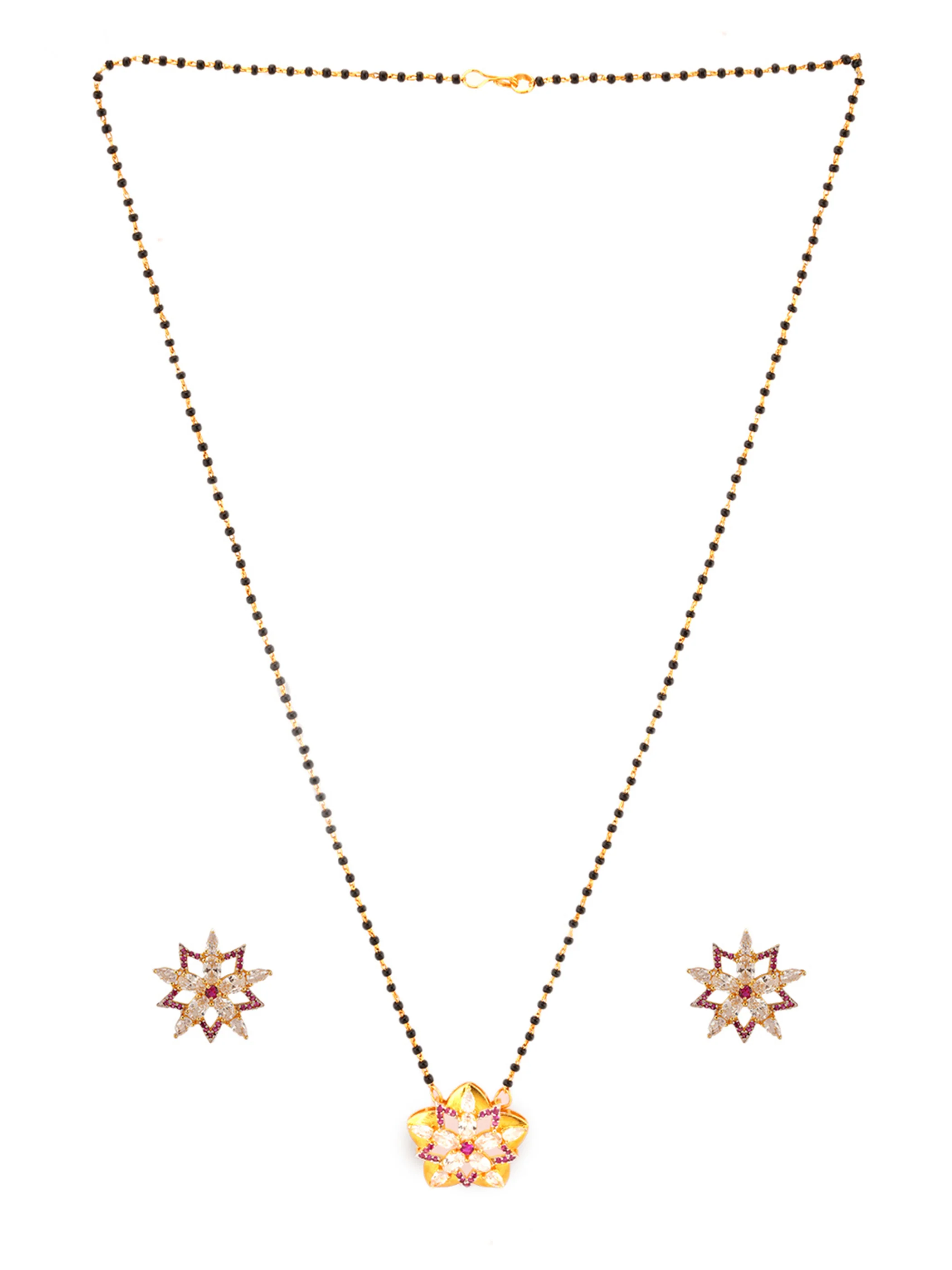 Shimmering Floret American Diamond CZ Elegant Gold Plated Brass Black Beaded Mangalsutra with Earrings - Image 8