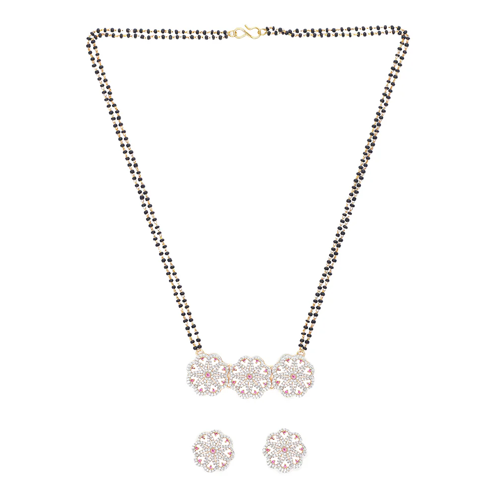 Shimmering Floret American Diamond CZ Gold Plated Floral Brass Black Beaded Mangalsutra with Earrings - Image 2