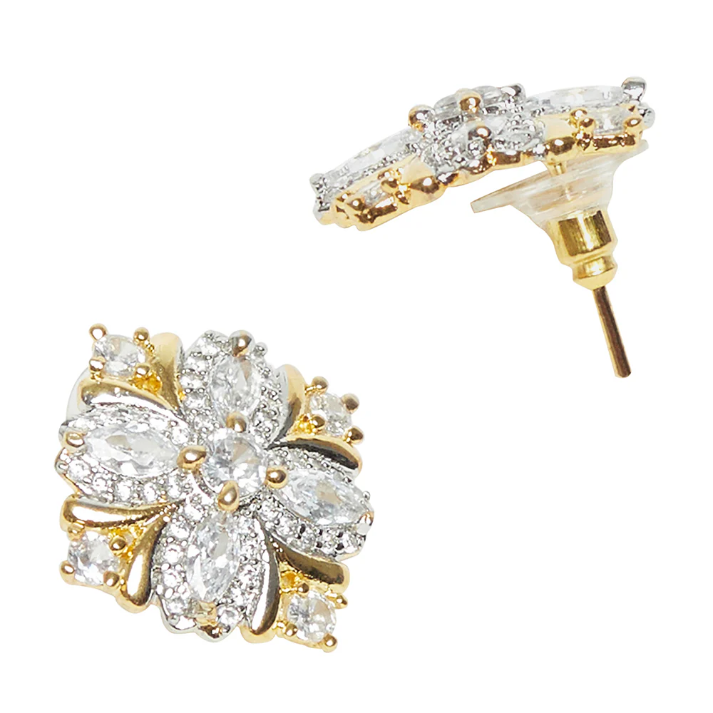 Shimmering Floret American Diamond CZ Gold Plated Silver Brass Stud Earrings - Image 3