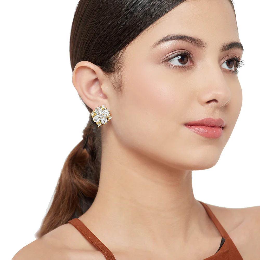 Shimmering Floret American Diamond CZ Gold Plated Silver Brass Stud Earrings - Image 4