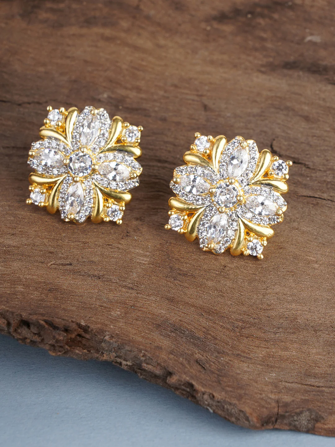 Shimmering Floret American Diamond CZ Gold Plated Silver Brass Stud Earrings - Image 5