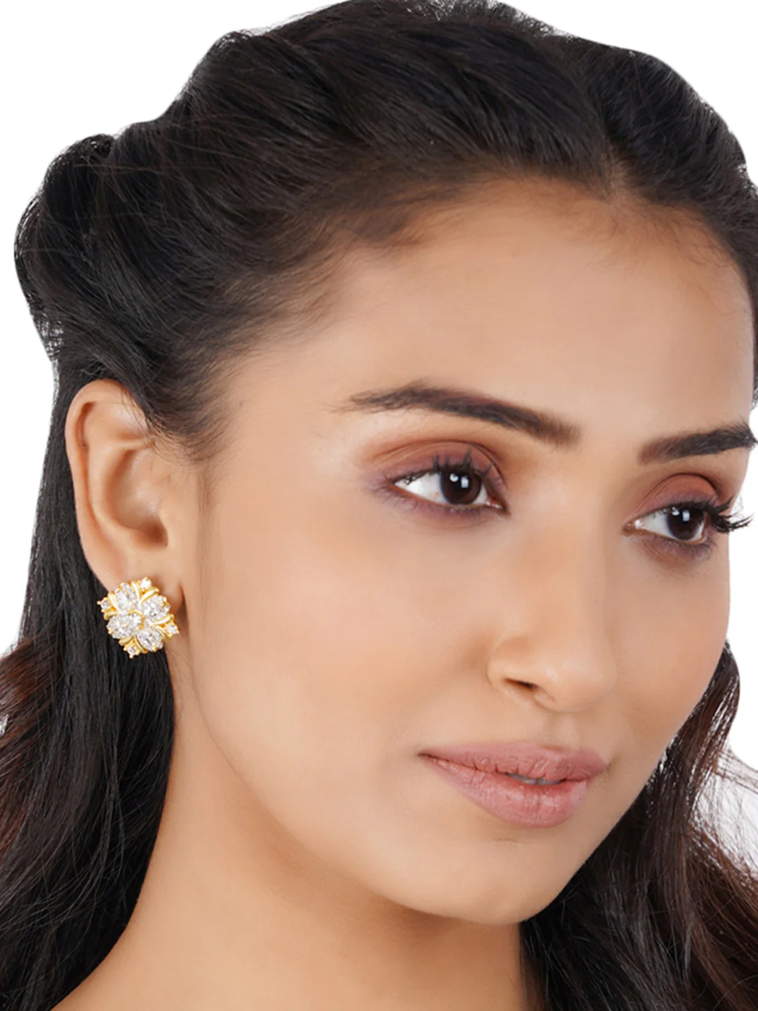 Shimmering Floret American Diamond CZ Gold Plated Silver Brass Stud Earrings - Image 6